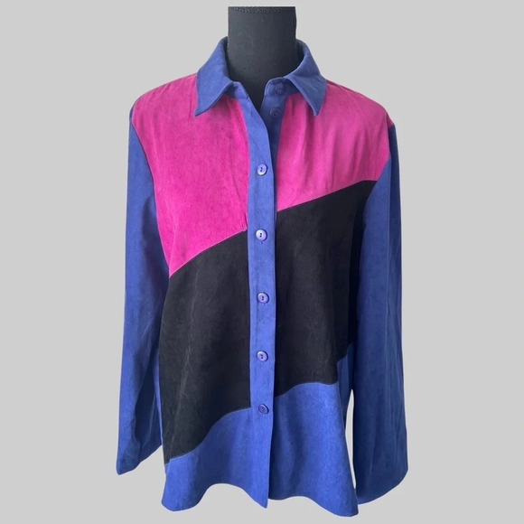 Vintage Y2K Alia Colour Block Faux Suede Button Down  Shirt - Picture 1 of 12